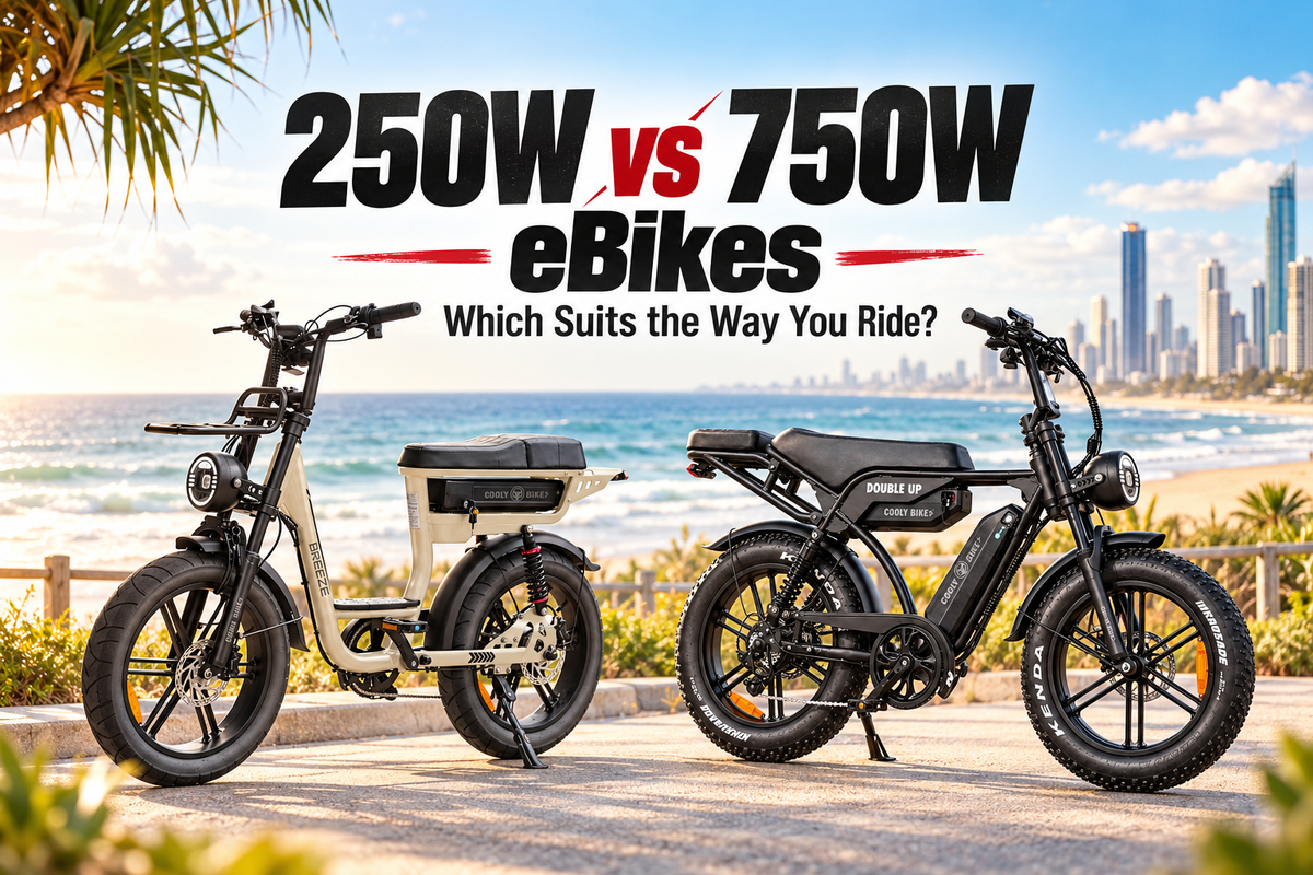 Cooly Breeze and Cooly Double Up electric bikes on the Gold Coast for a 250W vs 750W eBike comparison guide.