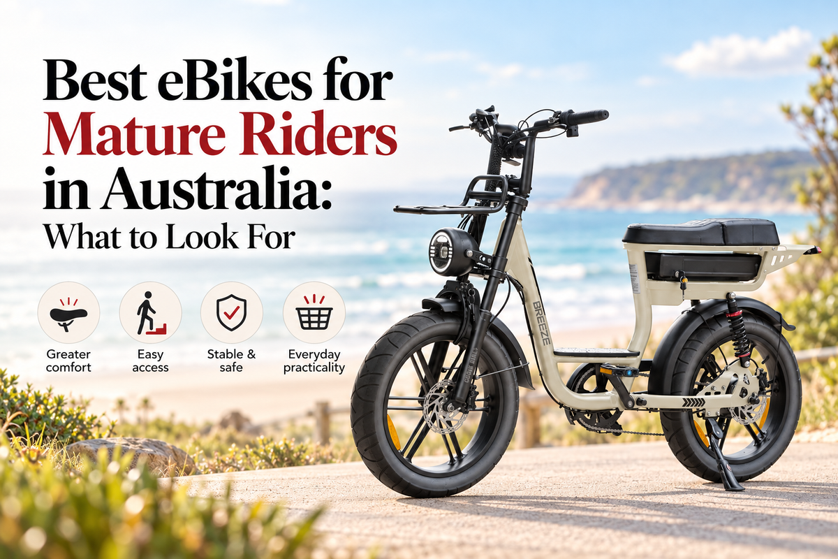 Cooly Breeze eBike on an Australian coastal path for a guide to the best eBikes for mature riders, focusing on comfort, easy access, stability and everyday practicality.