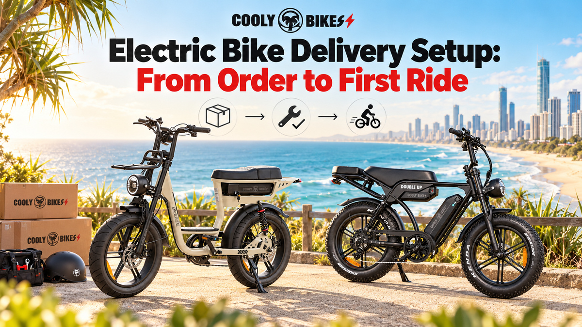 Cooly Breeze and Cooly Double Up eBikes on the Gold Coast with delivery boxes and setup icons for a guide from online order to first ride.