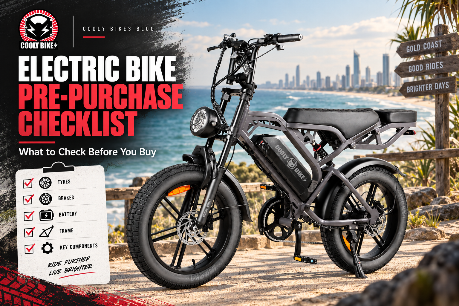 **ALT text:** `Cooly Bikes eBike on a Gold Coast coastal path with a pre-purchase checklist highlighting tyres, brakes, battery, frame and key components to check before buying.`