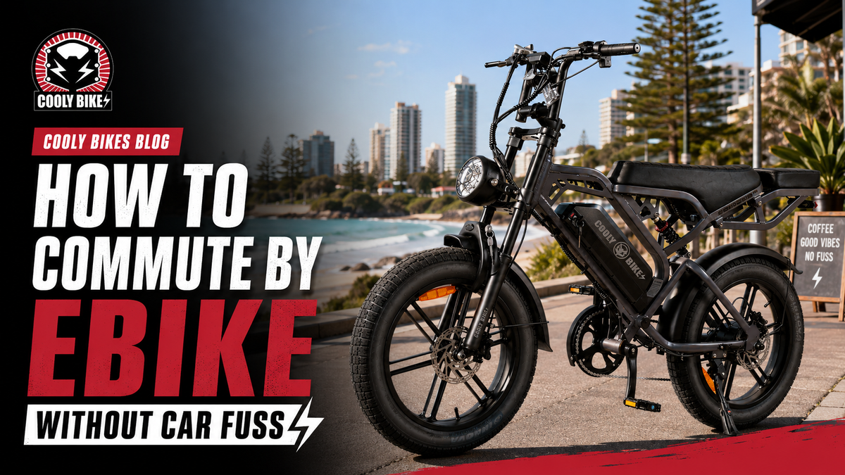 **ALT text:** `Cooly Bikes eBike parked on a Gold Coast coastal path for a guide on how to commute by eBike without car fuss.`
