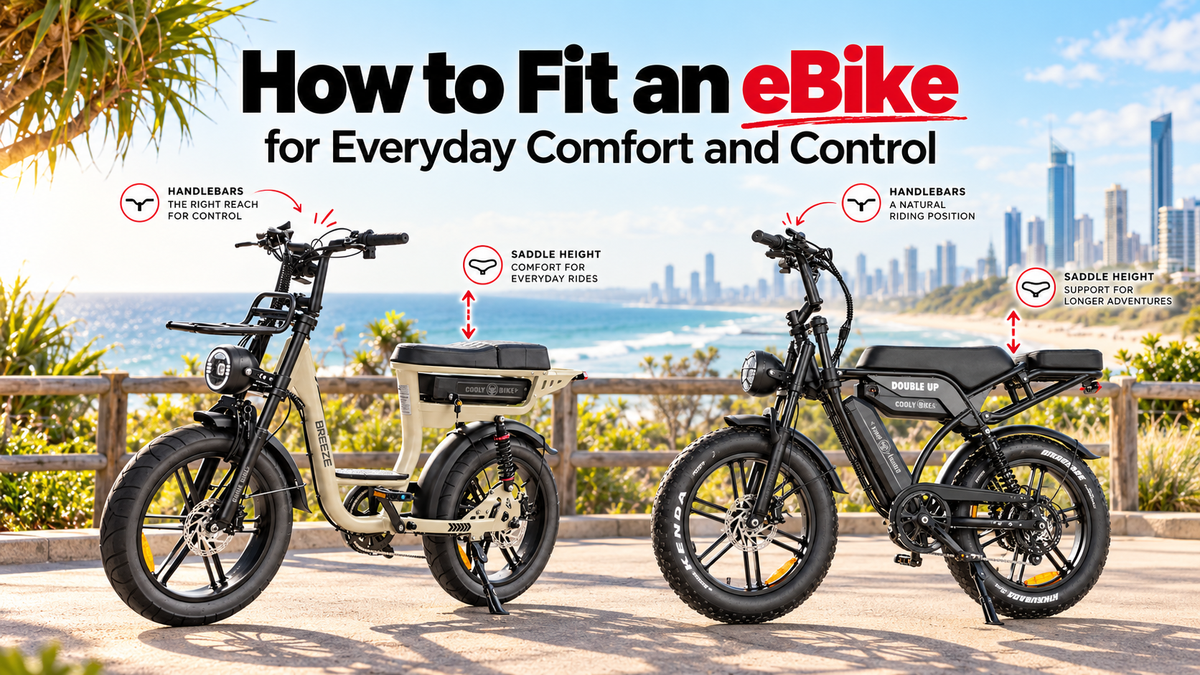 **ALT text:** Cooly Breeze and Cooly Double Up eBikes on the Gold Coast with handlebar and saddle-height fit callouts for everyday comfort and control.