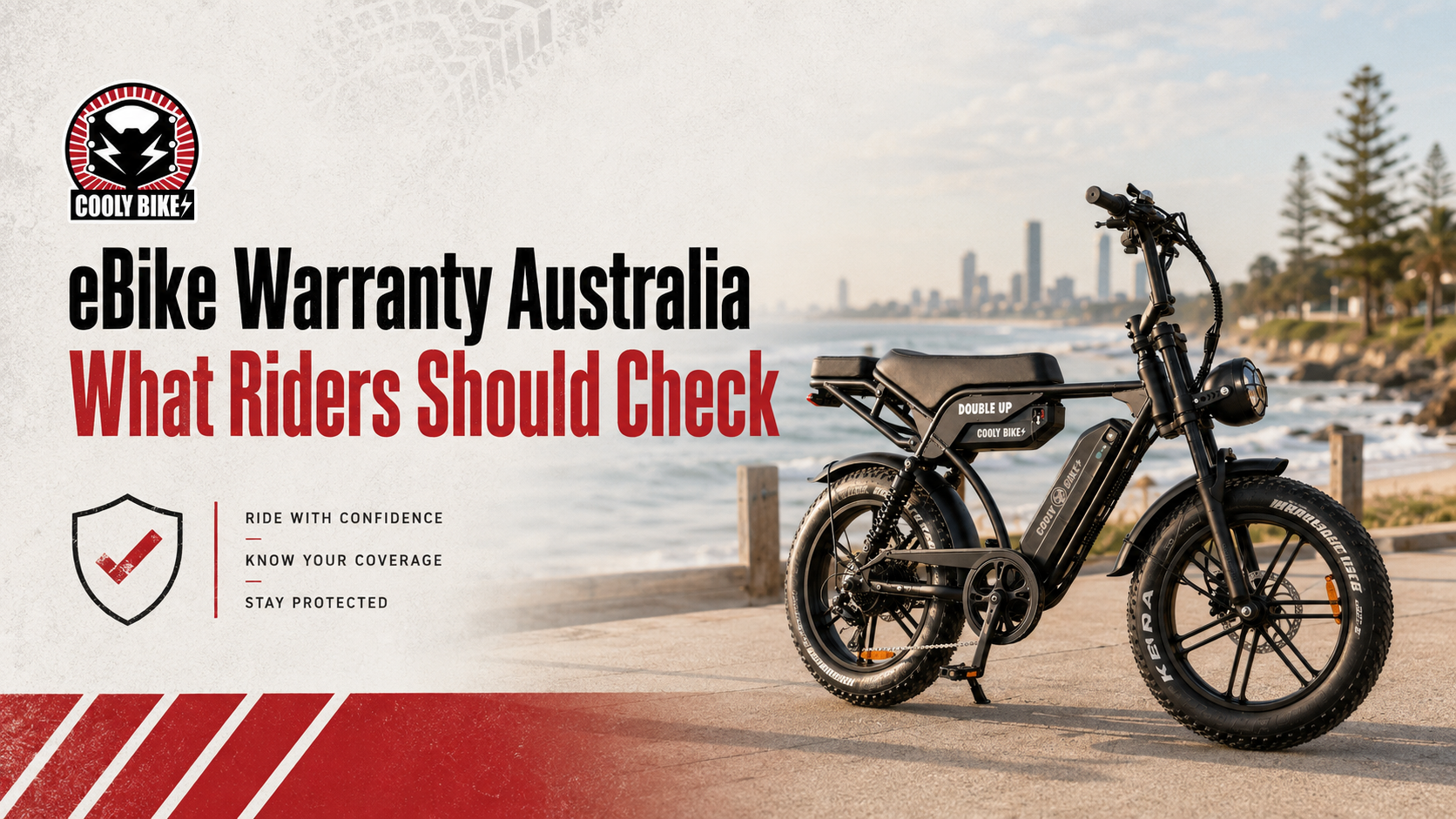 **ALT text:** `Cooly Bikes Double Up eBike on a coastal path for a guide to eBike warranty coverage in Australia and what riders should check.`