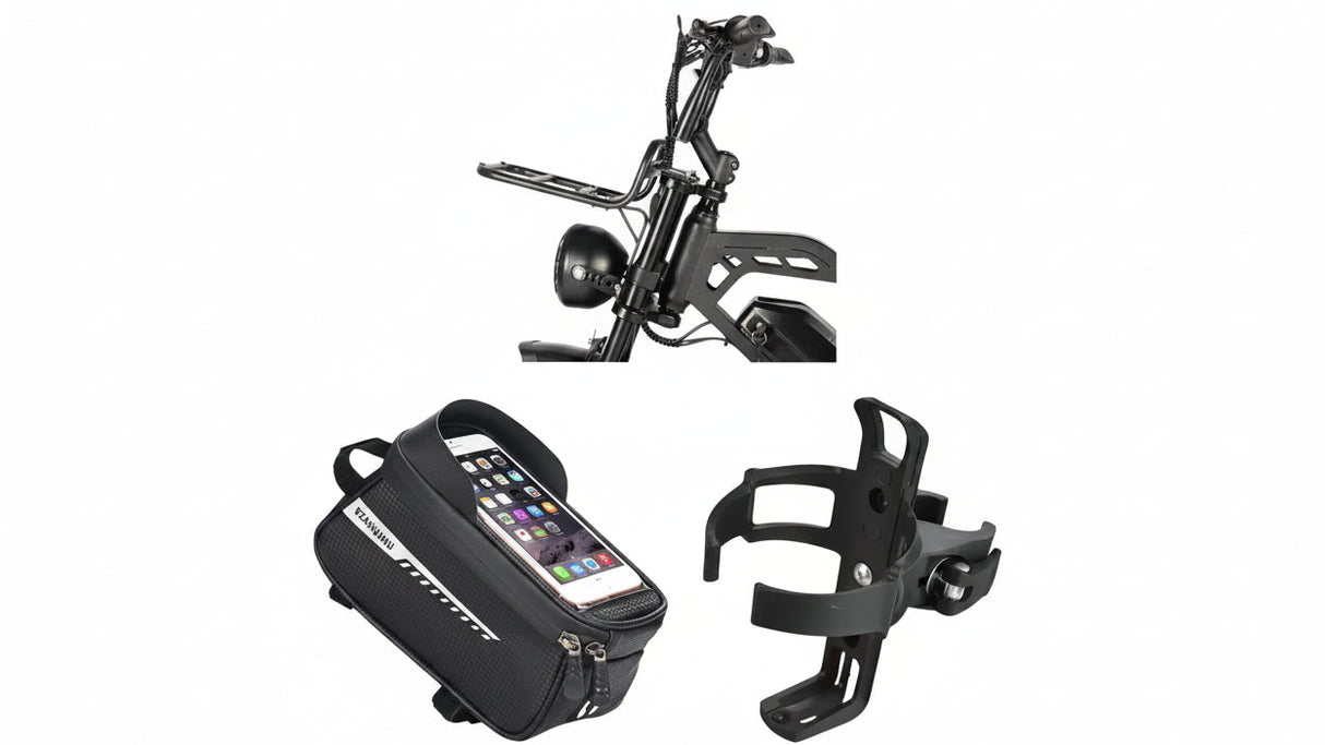 Bicycle accessories including a phone mount, water bottle holder, and frame bag on a white background.