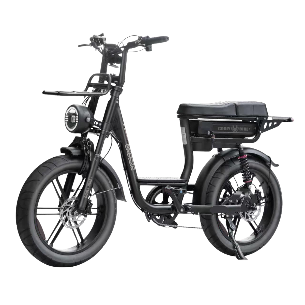 Black electric bike with a storage compartment on a white background
