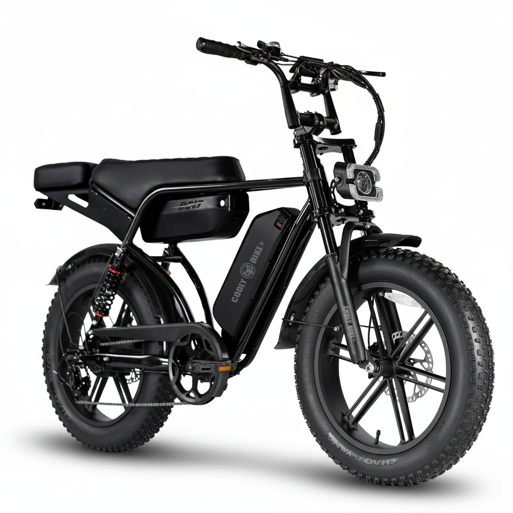 Black electric bike with visible branding on a white background