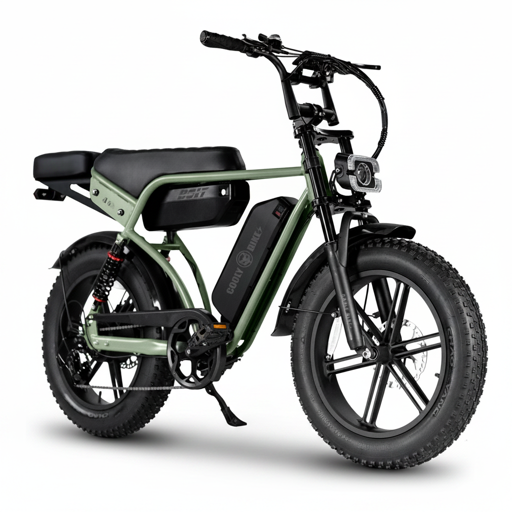 A green and black electric fat tire bike with a step-through frame, black seat, and front headlight, shown on a plain white background.