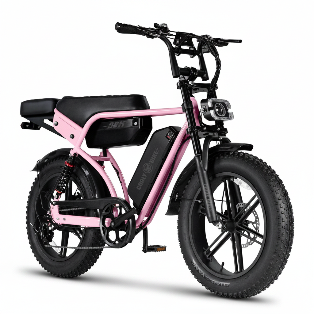 Pink electric bike with black accents on a white background