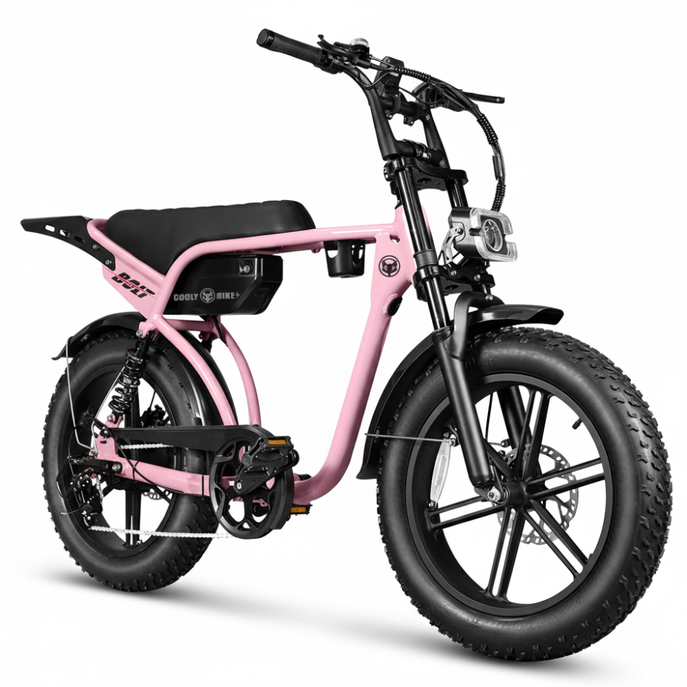 Pink electric bike with black seat and tires on a white background