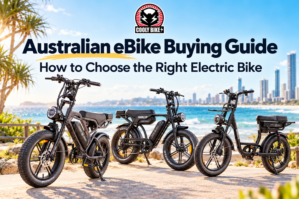 **ALT text:**   `Cooly electric bikes lined up on the Gold Coast for an Australian eBike buying guide on how to choose the right electric bike.`