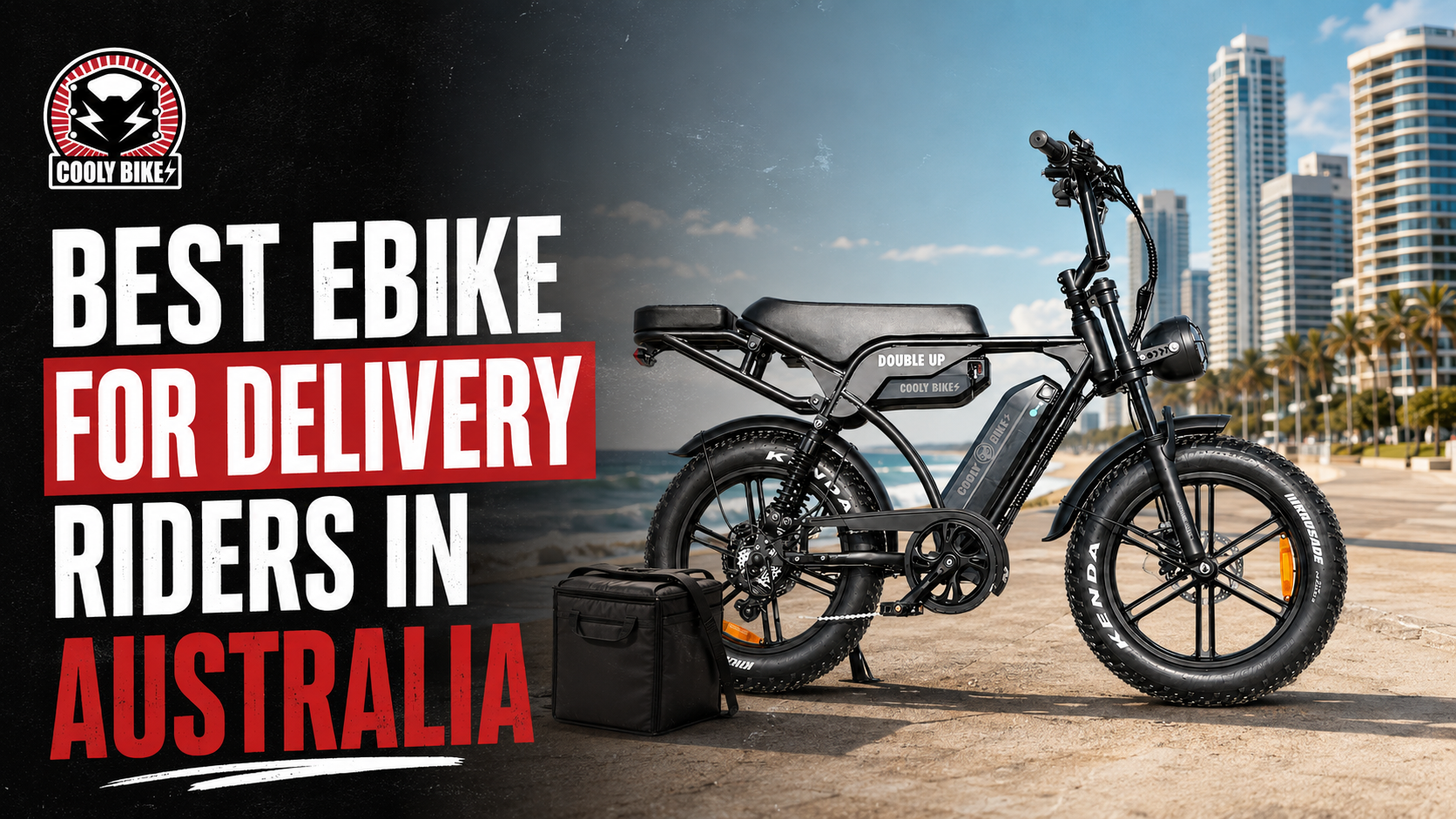 Cooly Bikes Double Up eBike with delivery bag on an Australian coastal path for a guide to the best eBike for delivery riders in Australia.