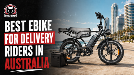 Cooly Bikes Double Up eBike with delivery bag on an Australian coastal path for a guide to the best eBike for delivery riders in Australia.