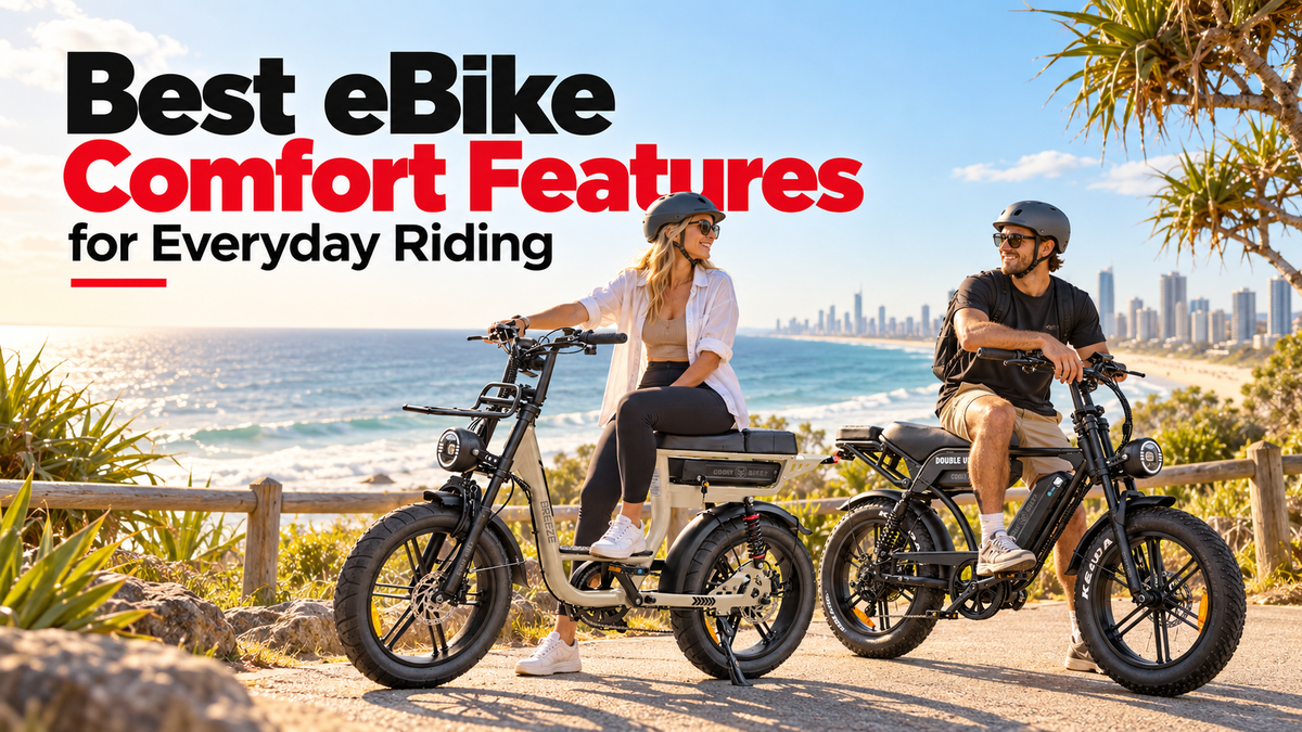 Cooly Breeze and Cooly Double Up eBikes on a Gold Coast coastal path for a guide to the best eBike comfort features for everyday riding.