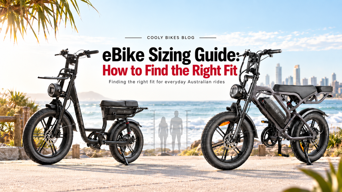 Cooly Bikes step-through and step-over eBikes on a Gold Coast coastal path for an eBike sizing guide on how to find the right fit.