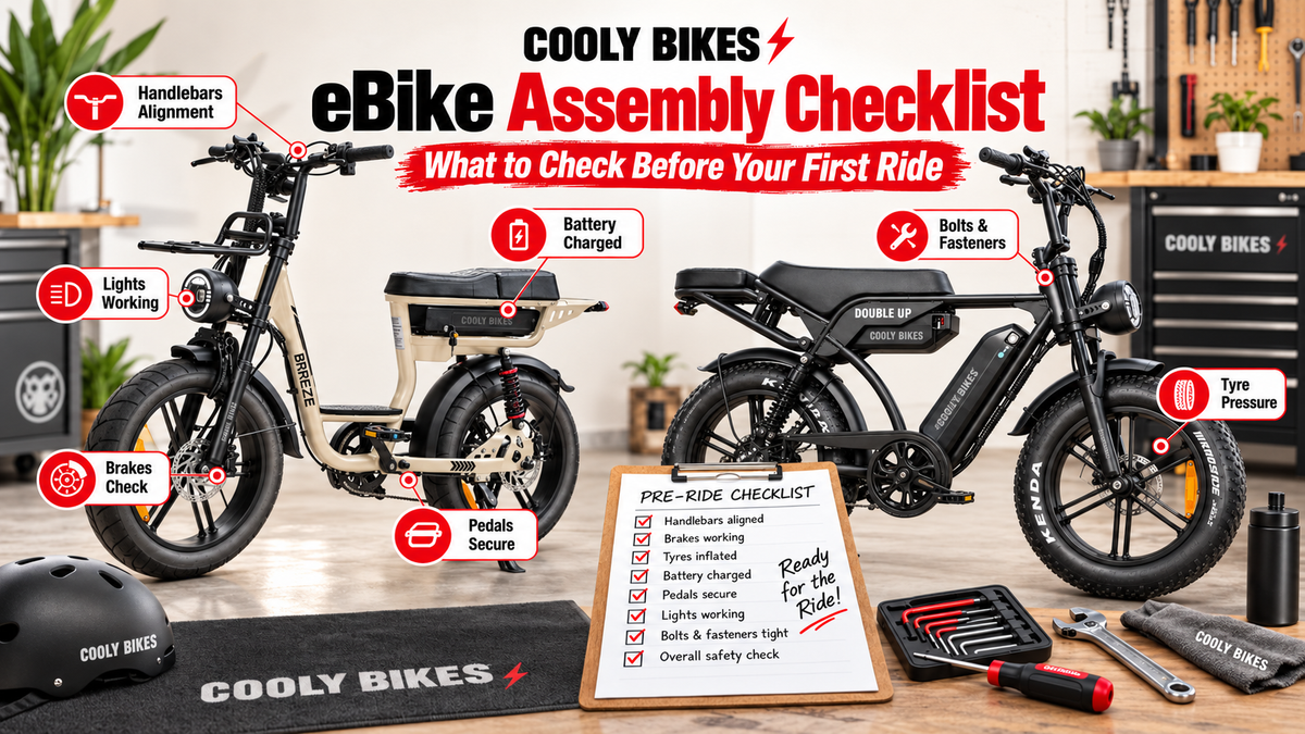 Cooly Breeze and Cooly Double Up eBikes in a workshop with pre-ride checklist callouts for handlebars, brakes, tyres, battery, pedals, lights and fasteners.