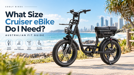 Cooly Breeze eBike on a Gold Coast coastal path for an Australian cruiser eBike fit guide covering rider height, step-through access, seat height and comfort.