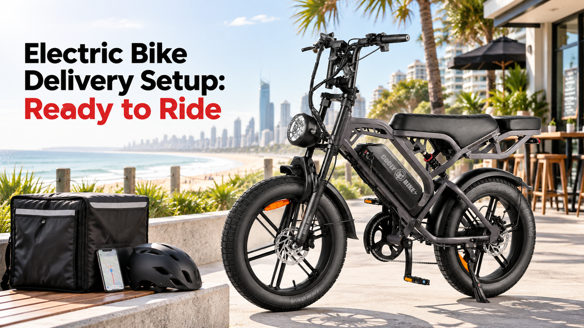 Cooly eBike set up for delivery riding with an insulated delivery bag, helmet and phone beside a sunny Australian coastal path.