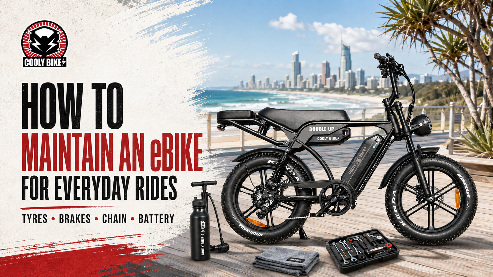 Cooly Bikes eBike on a coastal path with maintenance tools for a guide on how to maintain an eBike for everyday rides.