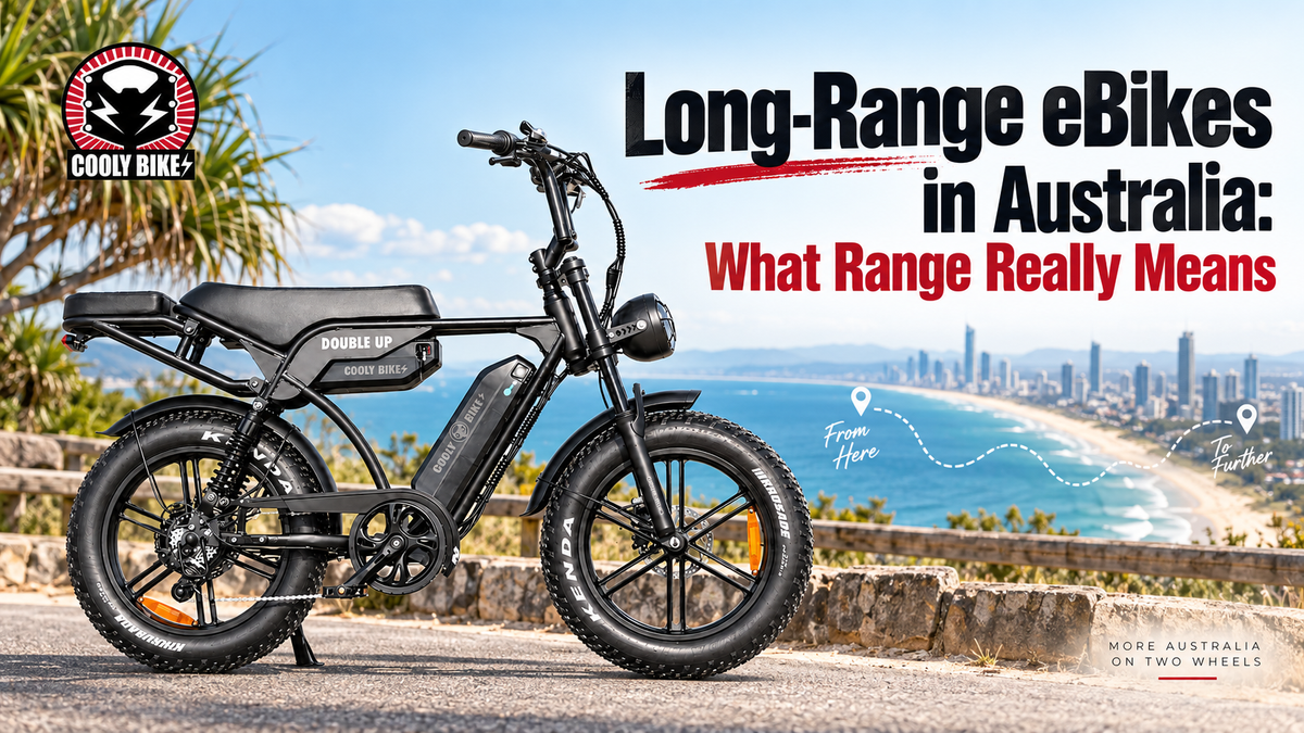 **ALT text:** `Cooly Double Up long-range eBike overlooking the Gold Coast coastline for a guide explaining what eBike range really means in Australia.`
