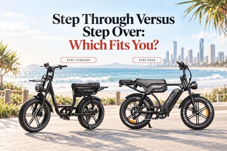 Cooly Bikes comparison graphic showing a step-through Breeze and a step-over Double Up parked side by side on a sunny coastal foreshore, with the headline “Step Through Versus Step Over: Which Fits You?”