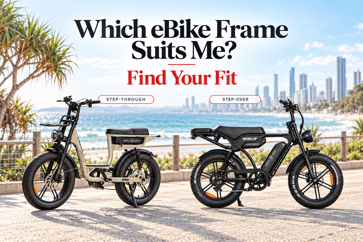 **ALT text:**   `Cooly Breeze step-through eBike and Cooly Double Up step-over eBike side by side on the Gold Coast for a guide to choosing the right eBike frame.`