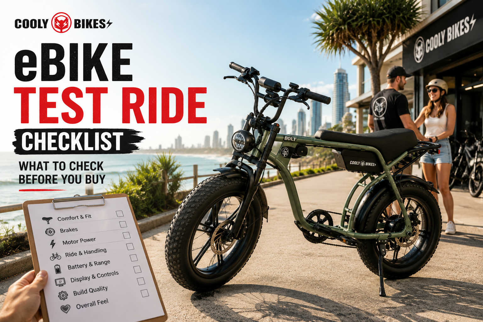 Cooly Bolt eBike outside a coastal Australian showroom with an eBike test ride checklist covering comfort, brakes, handling and controls.