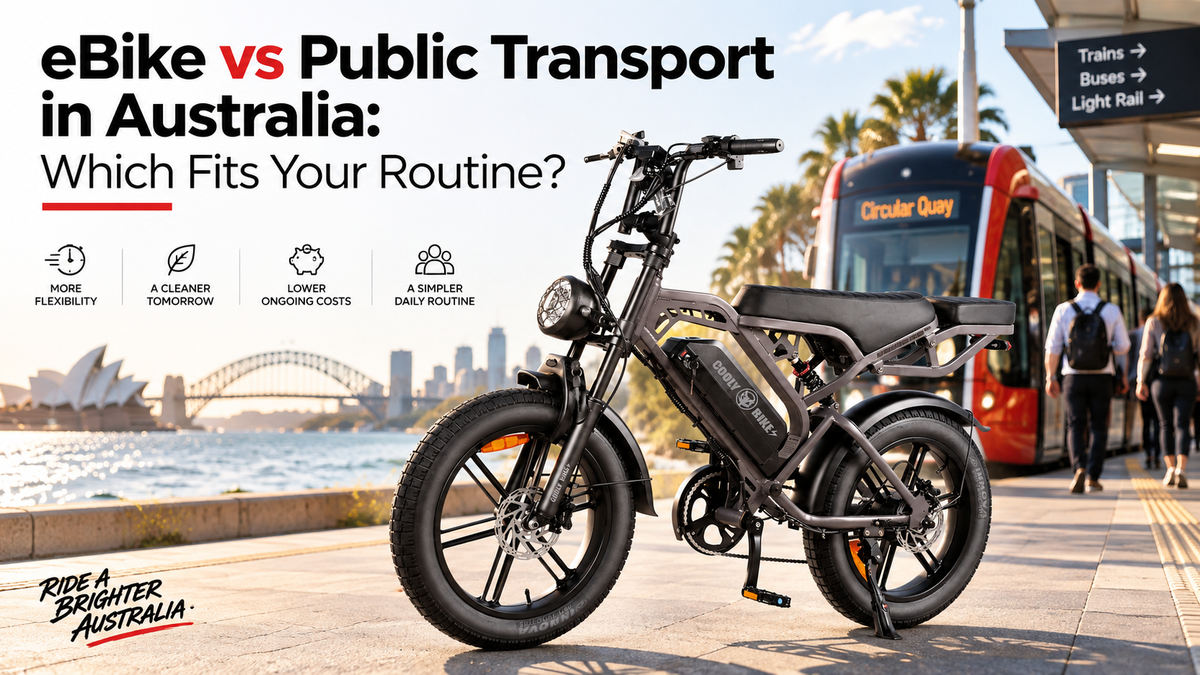 Cooly eBike beside public transport on a Sydney waterfront, comparing eBike commuting with trains, buses and light rail in Australia.