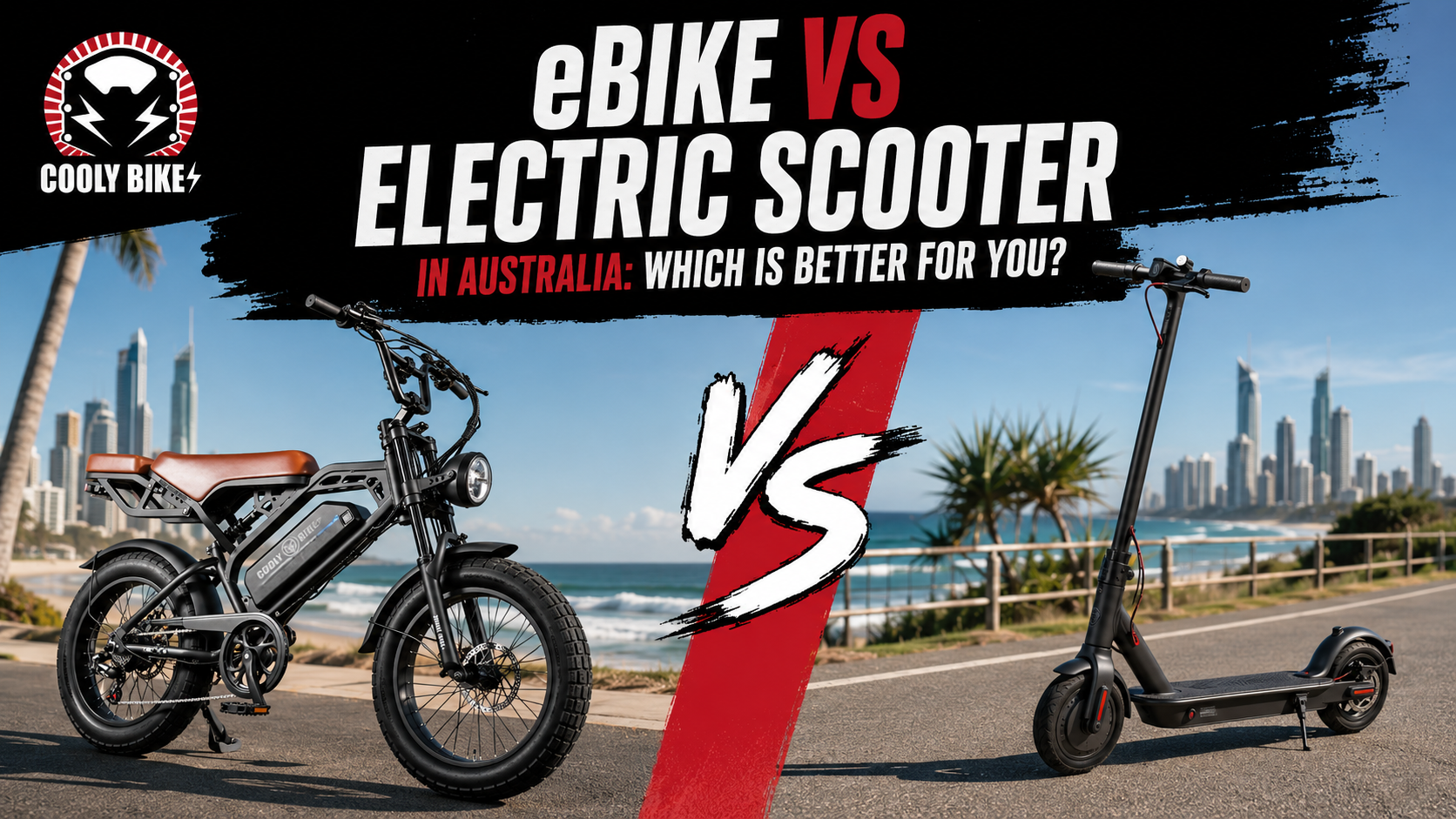 **ALT text:** `Cooly Bikes electric bike and electric scooter side by side on a Gold Coast coastal path, comparing eBike vs electric scooter in Australia.`