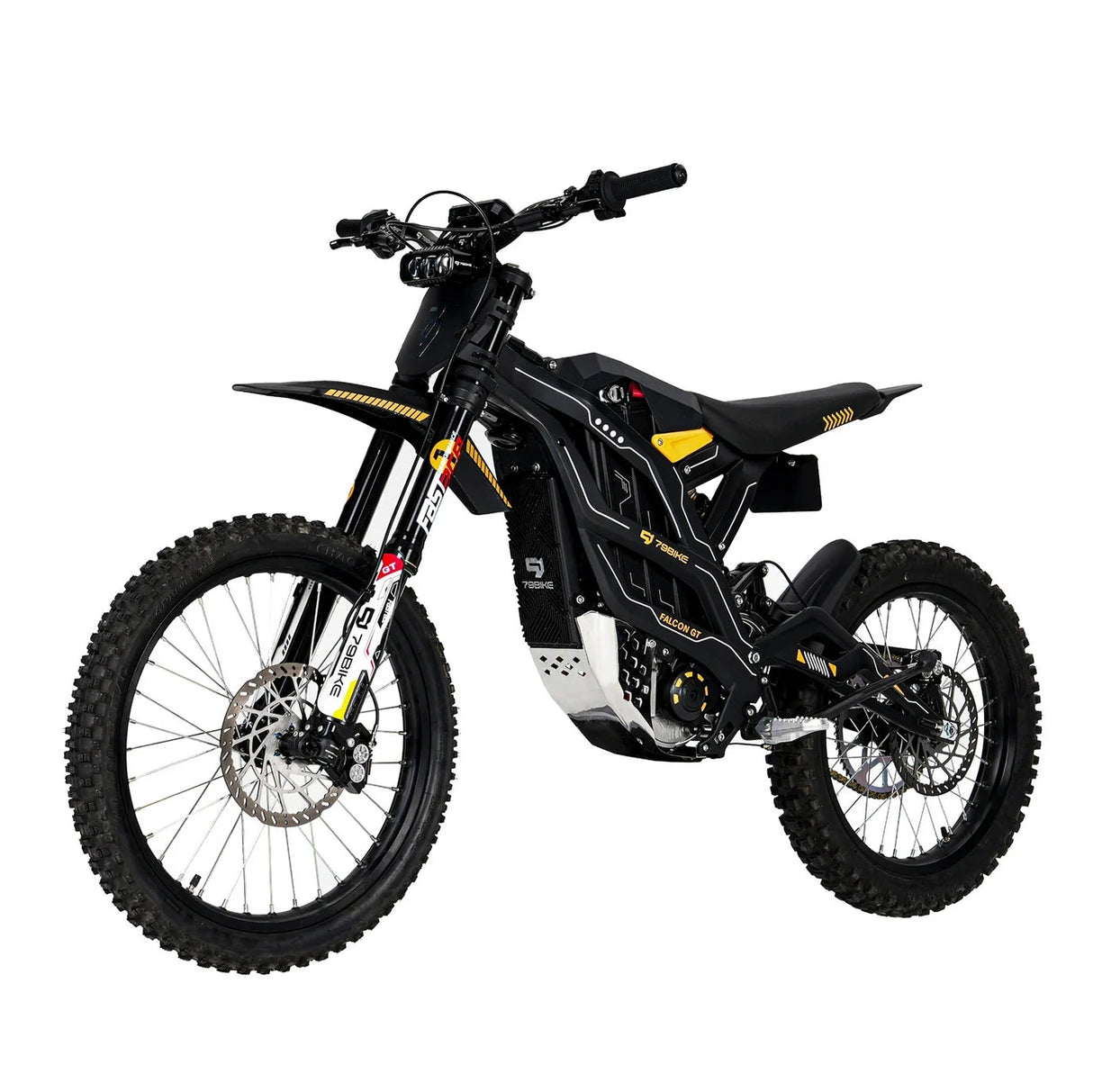Black electric bike with yellow accents on a white background