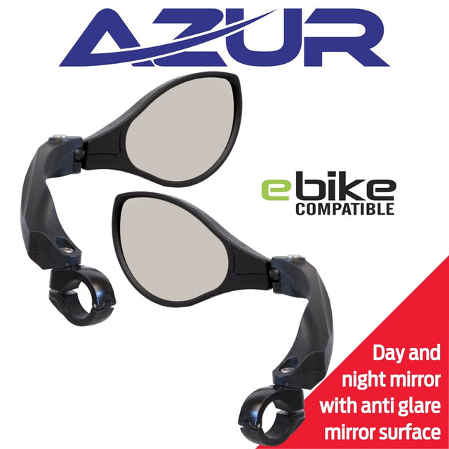 Two black e-bike rearview mirrors with tinted lenses, shown on a white background with the brand name AZUR, 'e bike COMPATIBLE' text, and a red corner banner.