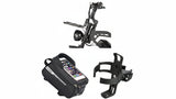 Bicycle accessories including a phone mount, water bottle holder, and frame bag on a white background.