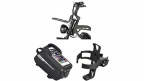 Bicycle accessories including a phone mount, water bottle holder, and frame bag on a white background.