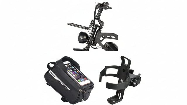 Bicycle accessories including a phone mount, water bottle holder, and frame bag on a white background.
