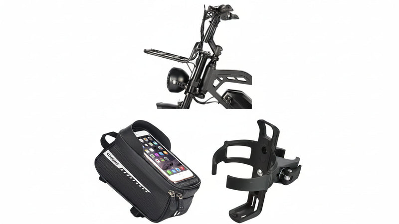 Bicycle accessories including a phone mount, water bottle holder, and frame bag on a white background.