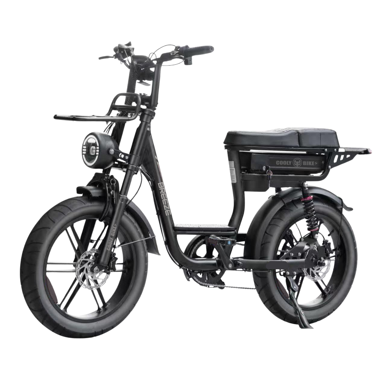 Black electric bike with a storage compartment on a white background