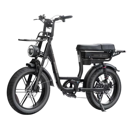 Black electric bike with a storage compartment on a white background