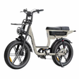 A step-through electric bicycle with a beige frame, black tires, a black saddle, and a front headlight, shown on a plain white background.