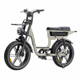 A step-through electric bicycle with a beige frame, black tires, a black saddle, and a front headlight, shown on a plain white background.