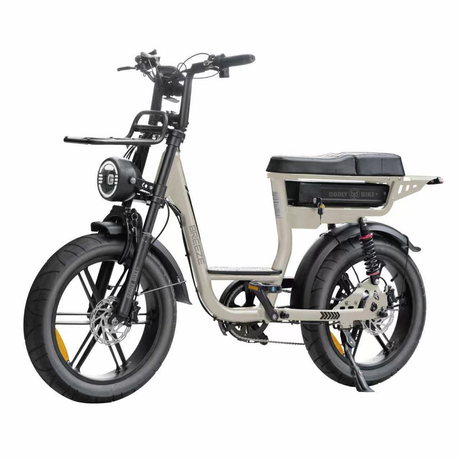 A step-through electric bicycle with a beige frame, black tires, a black saddle, and a front headlight, shown on a plain white background.