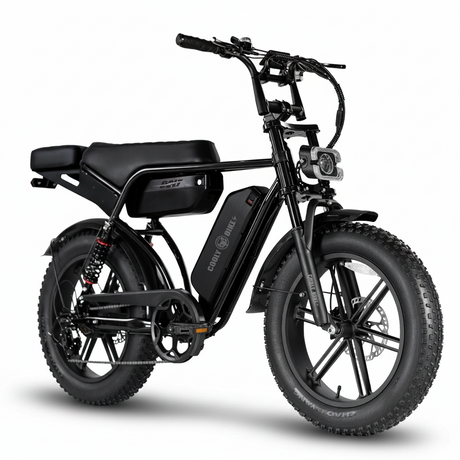 Black electric bike with visible branding on a white background