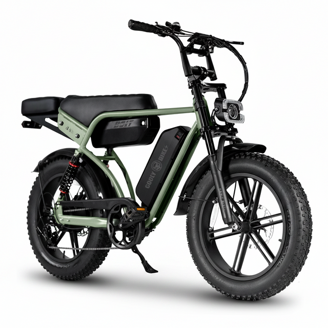 A green and black electric fat tire bike with a step-through frame, black seat, and front headlight, shown on a plain white background.