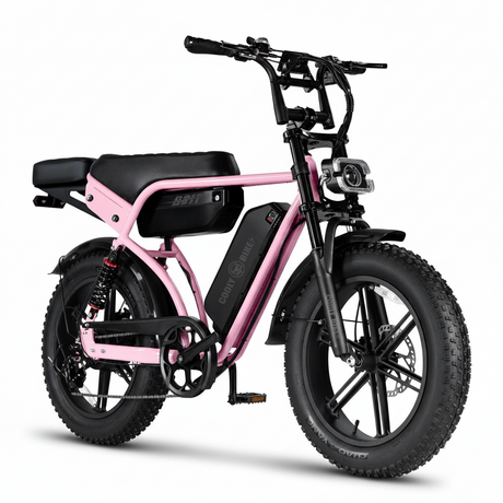 Pink electric bike with black accents on a white background
