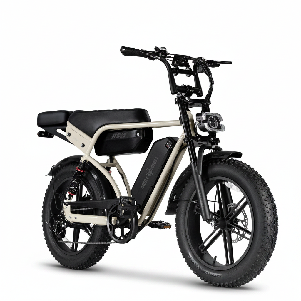 beige electric bike with black accents on a white background