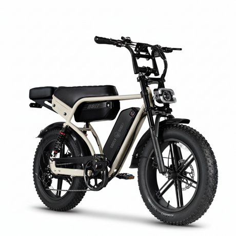 beige electric bike with black accents on a white background