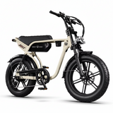 Beige electric bike with black seat and tires on a white background