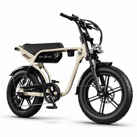 Beige electric bike with black seat and tires on a white background
