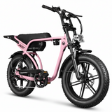 Pink electric bike with black seat and tires on a white background