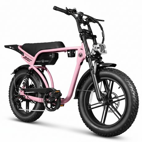 Pink electric bike with black seat and tires on a white background