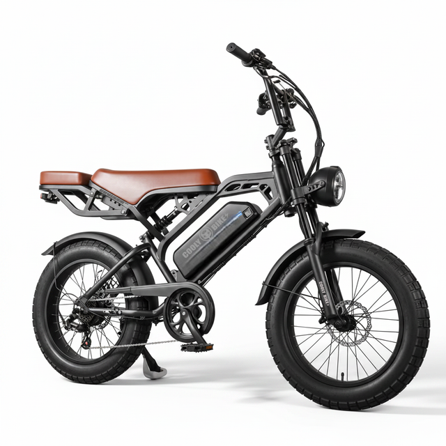 Electric bike with a brown seat on a white background