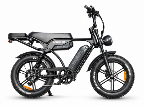 Black electric bike with 'Double Up' branding on a white background